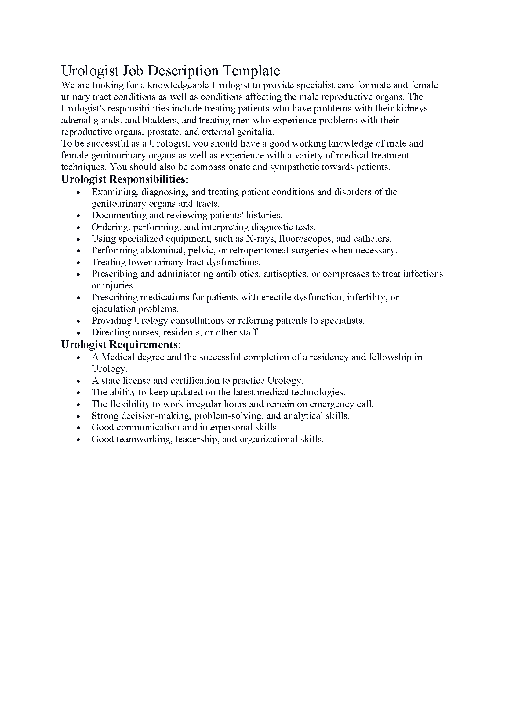 Urologist Job Description Template
